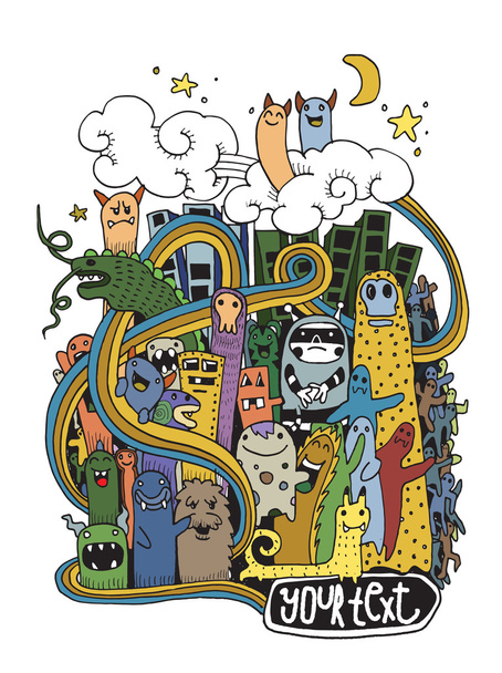 Käsin piirretty Hullu doodle Monster City
 - Vektori, kuva