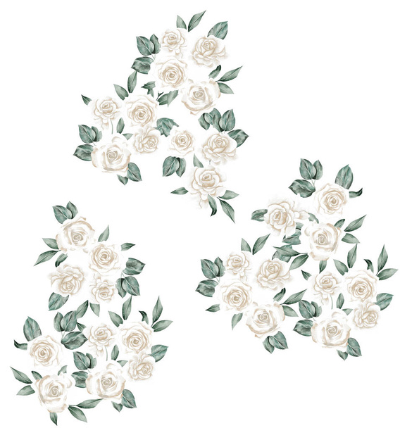 Acquerello Bouquet di fiori, isolato, sfondo bianco, rose bianche e foglie verdi - Foto, immagini