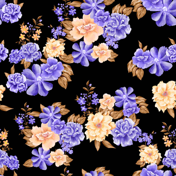 Watercolor flowers pattern, purple and yellow tropical elements, brown leaves, black background, seamless - Photo, Image