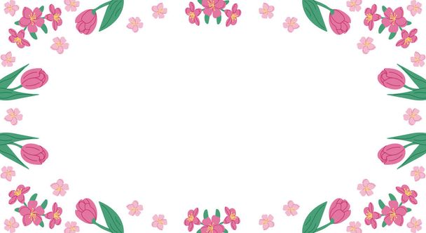 Frühling horizontale Blumenbanner Vorlage auf weißem Hintergrund. Rahmenschablone oder Designprint mit handgezeichneten Tulpen und Kirschblüten. Gut für Banner, Hintergrund, Social-Media-Grafiken - Vektor, Bild