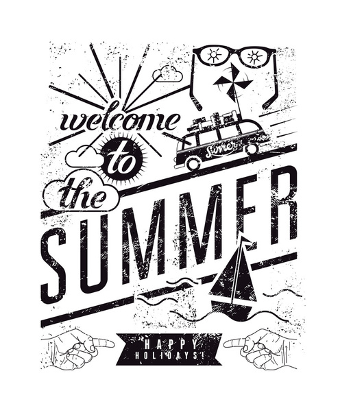 Welcome to the summer. Black-white typographic retro grunge poster. Vector illustration. - Vetor, Imagem