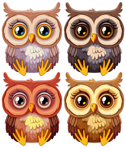 Four cute owls with different facial expressions. - Vector, Image
