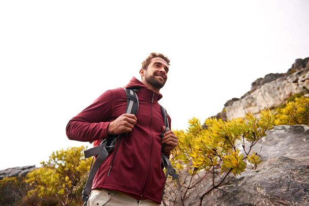Піші прогулянки, природа і чоловік посміхаються рюкзаком, подорожами та пригодами на гірському шляху з рослинами. Подорож, фітнес і ходьба з кемпінгом обладнання і сумка для вправ з дослідником і нижче. - Фото, зображення