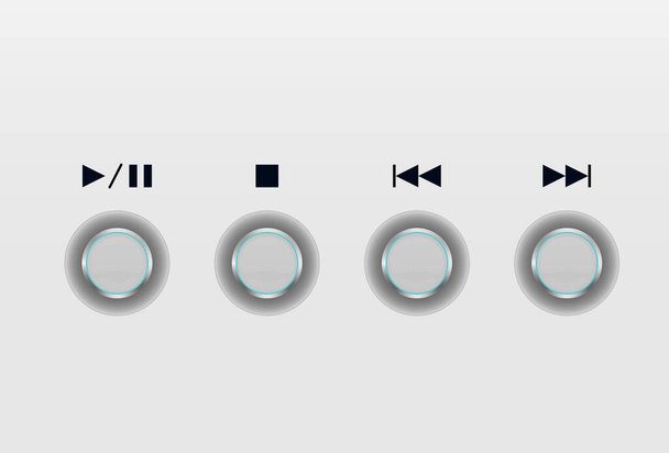 Panneau de contrôle musical avec boutons en acier. Lecture et pause et piste Passer bouton d'un lecteur CD. - Vecteur, image