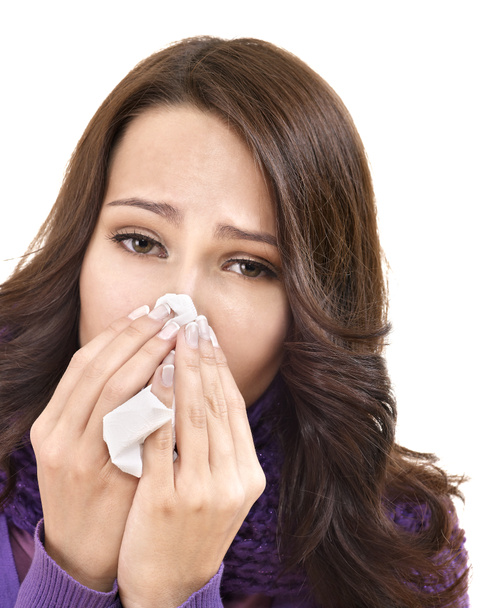 Sick woman with handkerchief having cold. - Photo, Image