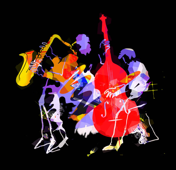  Espressiva illustrazione colorata di due musicisti jazz su sfondo grunge con note musicali su sfondo nero. - Foto, immagini