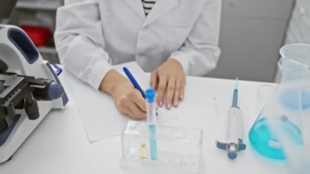 Eine fokussierte Wissenschaftlerin schreibt Notizen in einem Labor mit Mikroskop, Bechern und wissenschaftlichen Geräten. - Filmmaterial, Video