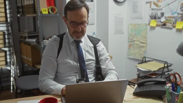 Hombre barbudo maduro en una oficina de detectives con tablero de pruebas, trabajando en el ordenador portátil en el interior. - Metraje, vídeo