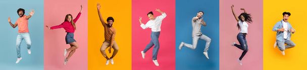 Group of energetic young people leap in the air, expressing happiness, happy multiethnic men and women jumping against vibrant multicolored backgrounds, showcasing diversity and joy, collage - Photo, Image