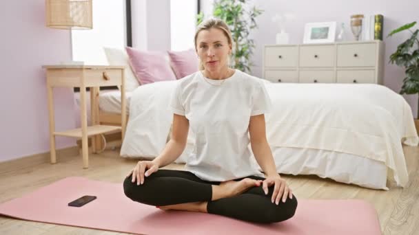 Mujer rubia practicando yoga en un dormitorio luminoso, sentada en una alfombra rosa con smartphone cerca - Imágenes, Vídeo