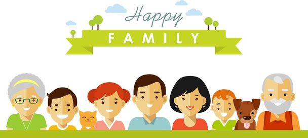 Set of seven happy family members portrets in flat style - Vector, Image
