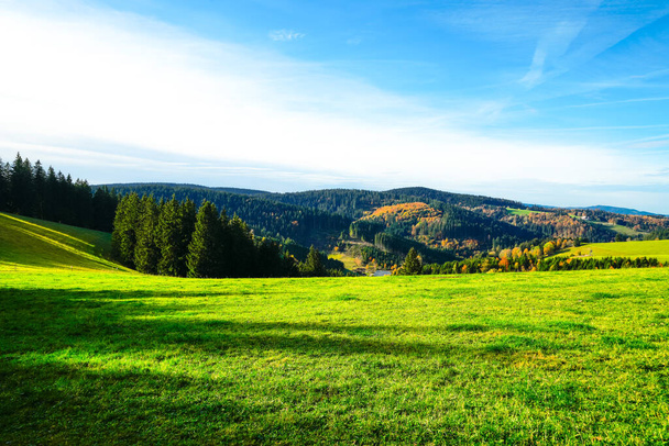 Syksyinen maisema lähellä Furtwangenia Schwarzwaldissa. Luonto metsien ja kukkuloiden kanssa. - Valokuva, kuva