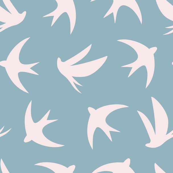 Seamless pattern with bird silhouettes on sea blue background, hand drawn vector illustration - Vector, Image
