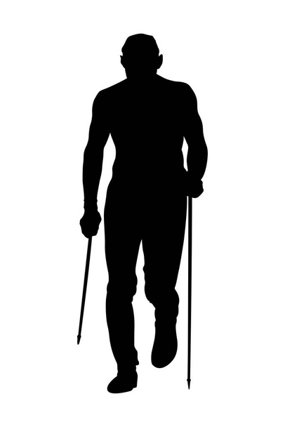 figure male athlete with trekking poles in his hands, full height, front view, running uphill, black silhouette vector illustration - Vector, Image