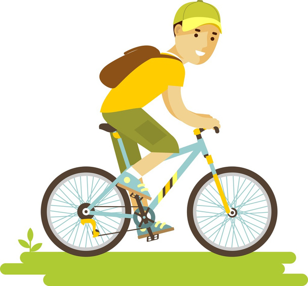 Молодой велосипедист с велосипедом в плоском стиле
 - Вектор,изображение