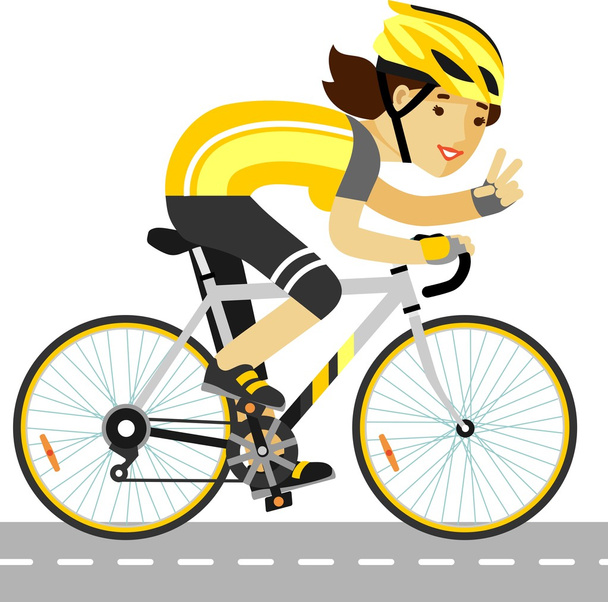 Μικρά αγωνιστικά ποδηλάτης γυναίκα με το ποδήλατο σε επίπεδη στυλ - Διάνυσμα, εικόνα