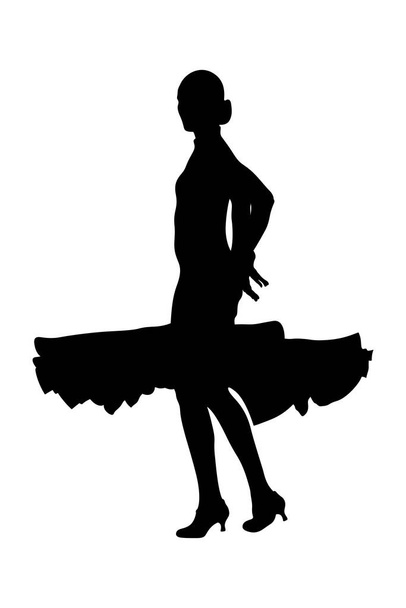 női táncos báli ruha szoknya örvénylő fekete sziluett fehér háttér, vektor illusztráció - Vektor, kép