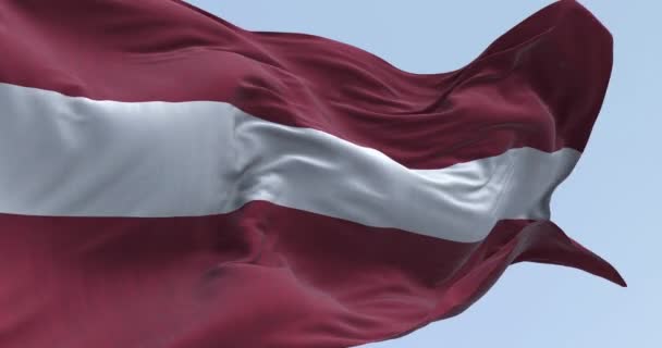 Vista de cerca de la bandera nacional de Letonia ondeando en el viento. Campo rojo carmín con una estrecha franja blanca en el medio. Animación de renderizado 3d sin costuras. Bucle de cámara lenta. - Metraje, vídeo