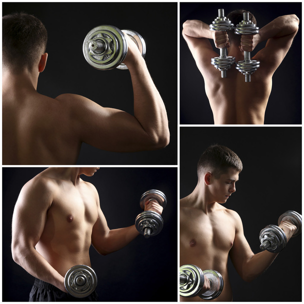 Collage of muscle young sportsman on dark background - Foto, afbeelding