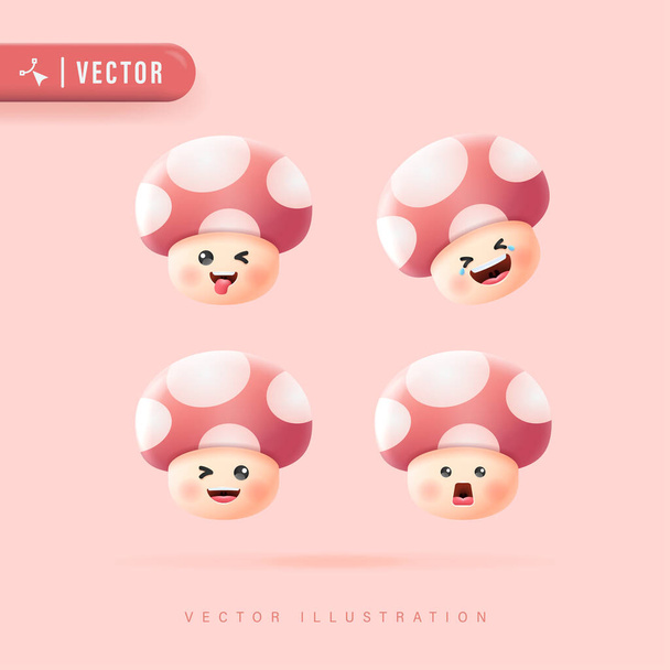 Emoji-Set mit verschiedenen Gesichtsausdrücken Niedliche Pilz-Gesichtsvektorillustration. Pilzkopf mit rotem Polkadotmuster. 3D realistische süße Pilzsammlung. - Vektor, Bild