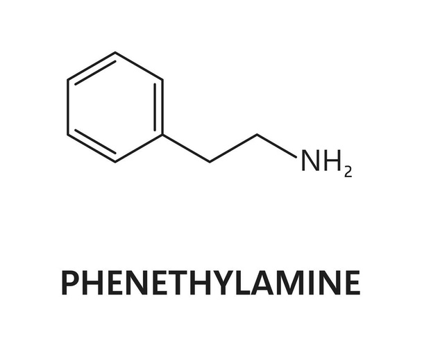 Die chemische Formel für Phenethylamin ist c8h11n, eine einfache organische Verbindung mit einem Benzol-Ring, der an einer Ethylaminkette befestigt ist. Seine Struktur liegt seiner Rolle als Neurotransmitter und psychoaktive Substanz zugrunde - Vektor, Bild
