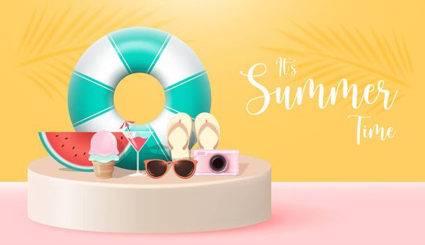 Conception réaliste 3D de bannière de vacances d'été avec des éléments de plage colorés fond. Illustration vectorielle. Vente d'été, Modèle de poste, Élément tropical 3D.  - Vecteur, image