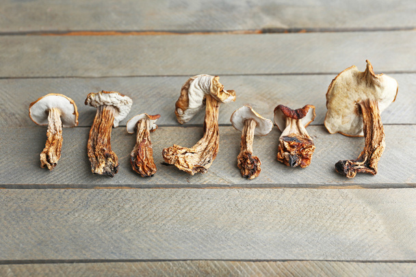 Dried mushrooms on wooden background - 写真・画像