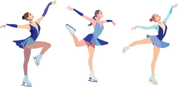 Illustratie van drie vrouwelijke kunstschaatsers die elegante schaatsbewegingen uitvoeren - Vector, afbeelding