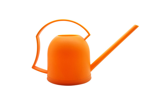 Arrosoir en plastique orange, pot en plastique orange sur fond blanc
 - Photo, image