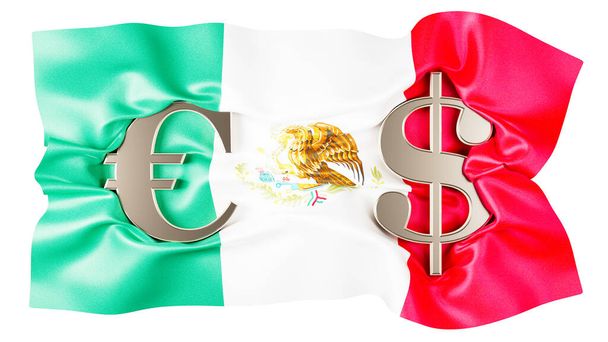 Drapeau mexicain dynamique avec signes Euro et Dollar, mettant en évidence l'interaction financière et l'identité culturelle - Photo, image