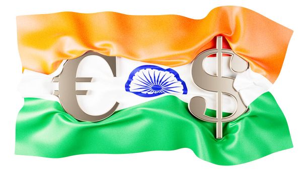 Kreatywny pokaz znaków euro i dolara spleciony nad szafranem, białymi i zielonymi pasami indyjskiej flagi z czakrą Ashoka w jej centrum - Zdjęcie, obraz