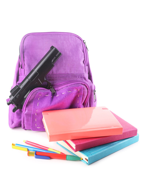 Gun in school backpack, isolated on white - Φωτογραφία, εικόνα