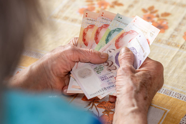 Haushalt älterer Menschen in Singapur. Wirtschaftskonzept, Rentnerin hält mehrere Singapur-Dollar in den Händen, Finanzielle Situation älterer Menschen in Singapur - Foto, Bild