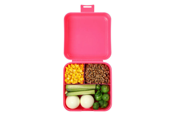 PNG, Rózsaszín uzsonnás doboz étellel, elszigetelt fehér alapon - Fotó, kép
