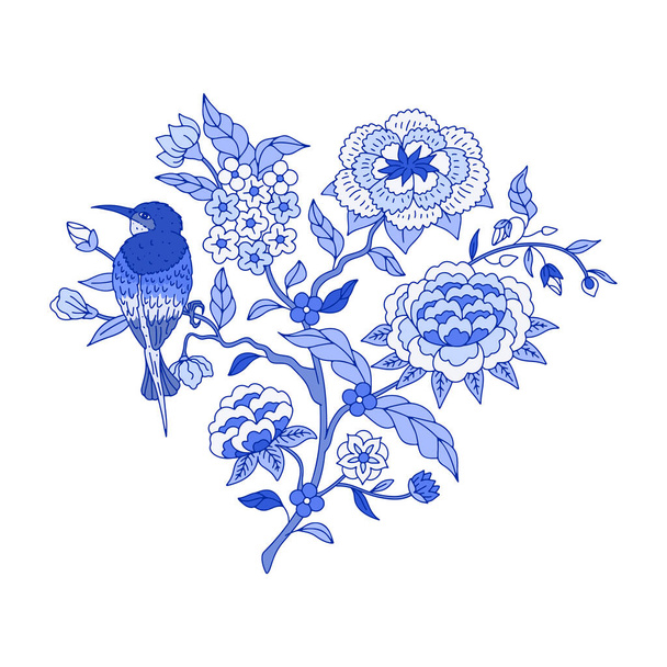 Монохромний синій квітковий птах-китайзер знижує мотиви ізольовані на білому тлі. Абстрактний намальований ручний ботанічний принт. - Вектор, зображення