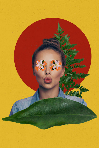Collage artwork φωτογραφία του φλερτ κυρία λουλούδια καλύπτουν τα μάτια στέλνοντας σας φιλί απομονωμένο πολύχρωμο φόντο. - Φωτογραφία, εικόνα