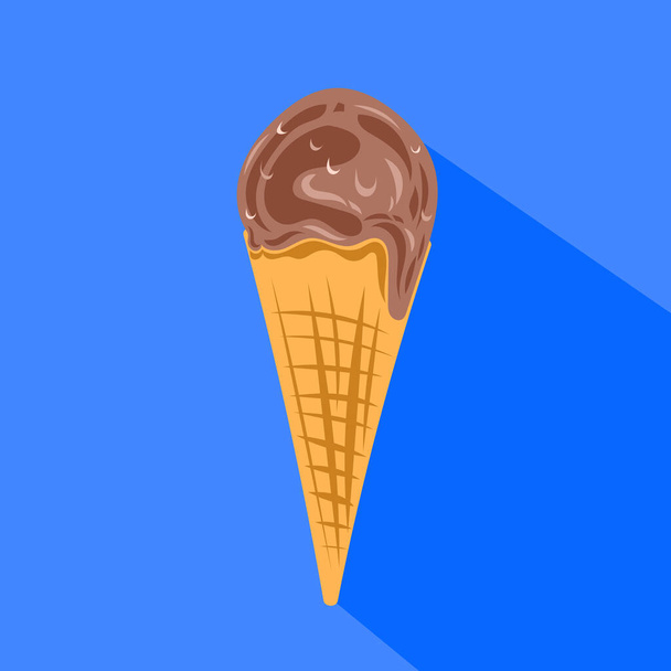 Шоколадний ароматизований солодкий і свіжий конус холодного морозива. Десертна їжа Векторні ілюстрації каракулі ізольовані на квадратному синьому фоні. Простий малюнок у стилі плоского мультфільму. - Вектор, зображення