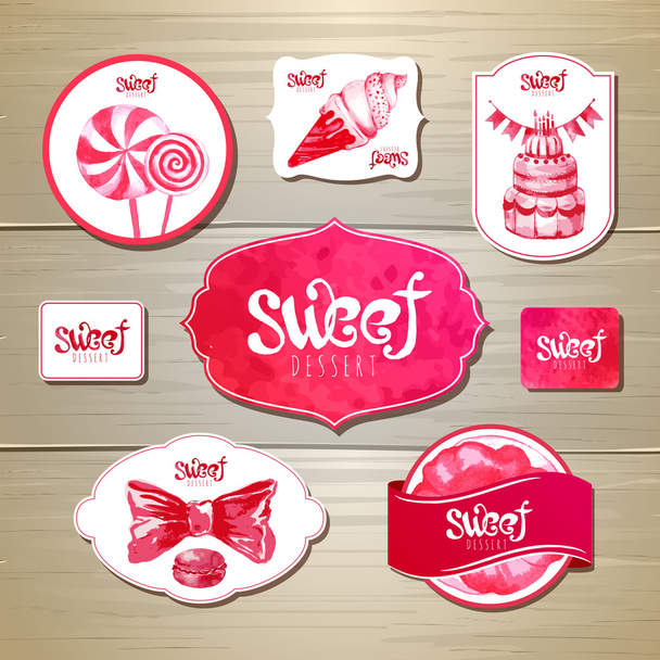 Set of retro bakery labels, ribbons and cards for design on wood texture - Vektor, obrázek
