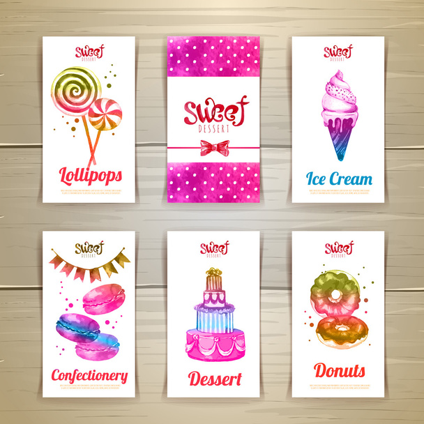 Set of business cards with sweets or desserts. - Vector, afbeelding