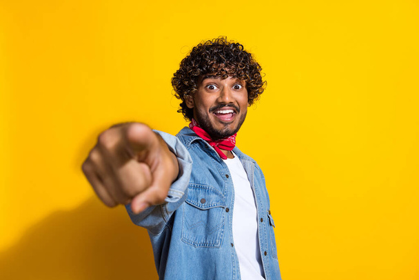 Photo portrait of nice young male point you choice excited wear trendy denim outfit red scarf isolated on yellow color background. - Valokuva, kuva