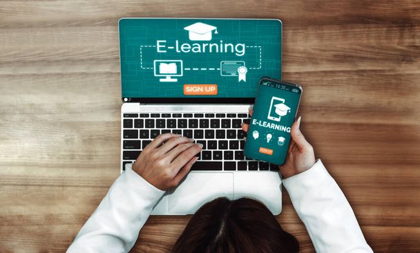 E-learning and Online Education for Student and University Concept. Graphic interface showing technology of digital training course for people to do remote learning from anywhere. uds - Photo, Image
