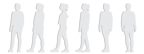 Vectorconcept conceptueel grijs papier gesneden silhouet van een casual geklede vrouw staande vanuit verschillende perspectieven geïsoleerd op witte achtergrond. Een metafoor voor ontspanning, comfortabel, praktisch en lifestyle - Vector, afbeelding