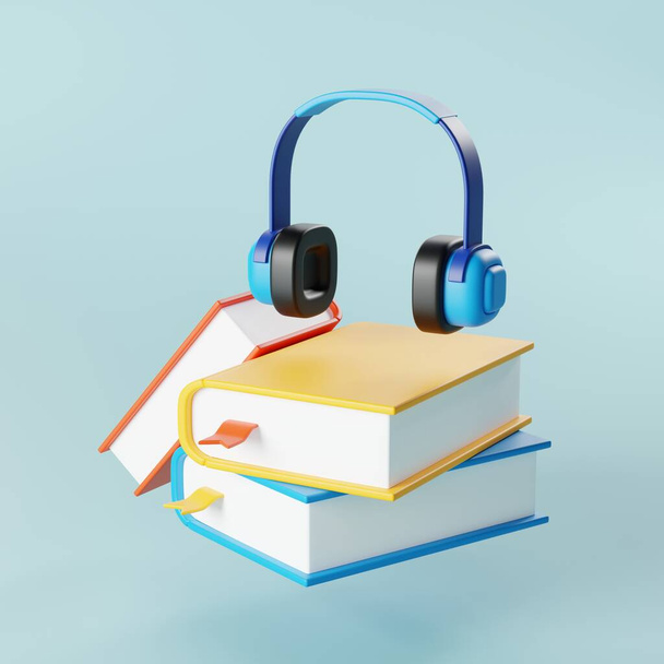 Knowledge online and headphones and books. Ideal for e-learning enthusiasts exploring the fusion of technology and literature. 3D render illustration - Photo, Image