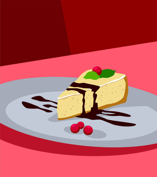 Cheesecake with mint leaves and red cherries on a large plate. Vector image for prints, poster and illustrations. - Vector, Image