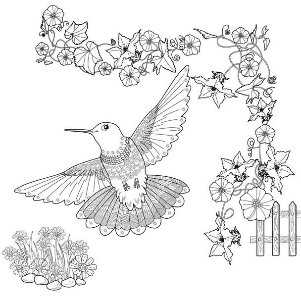 Розмальовка арт-терапія. Розмальовки для дітей та дорослих. Птахи і квіти намальовані в старовинному стилі. Ідеально підходить для тих, хто хоче відчувати себе більш пов'язаним з природою
 - Вектор, зображення