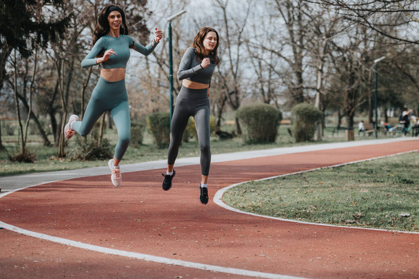 Dvě atletky ve sportovním oblečení běžící na červené dráze v zeleném parku, zobrazující cvičení a zdravý životní styl - Fotografie, Obrázek