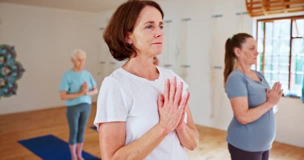 Senior woman, yoga and meditation with hands together for zen, spiritual wellness or balance together. Elderly people, yogi or group in exercise, pilates or fitness for warm up, awareness or health. - Footage, Video