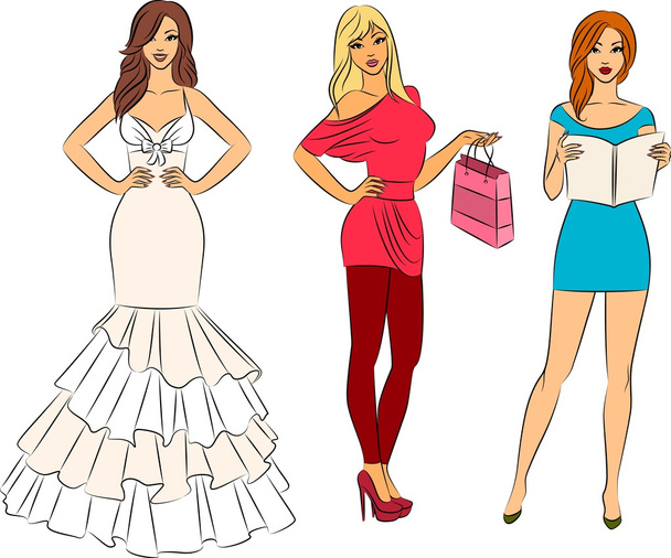 Belles filles shopping de mode. Ensemble vectoriel
 - Vecteur, image