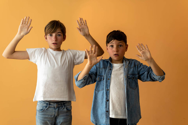 Twee kinderen met opgeheven handen en bang gezicht - Foto, afbeelding