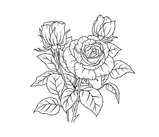 Linea di fiori di rosa art. Bouquet contorno schizzo floreale nero. Rosa con foglia semplice pianta botanica. Illustrazione vettoriale per il disegno del tatuaggio, pagine da colorare per bambini, invito al matrimonio - Vettoriali, immagini